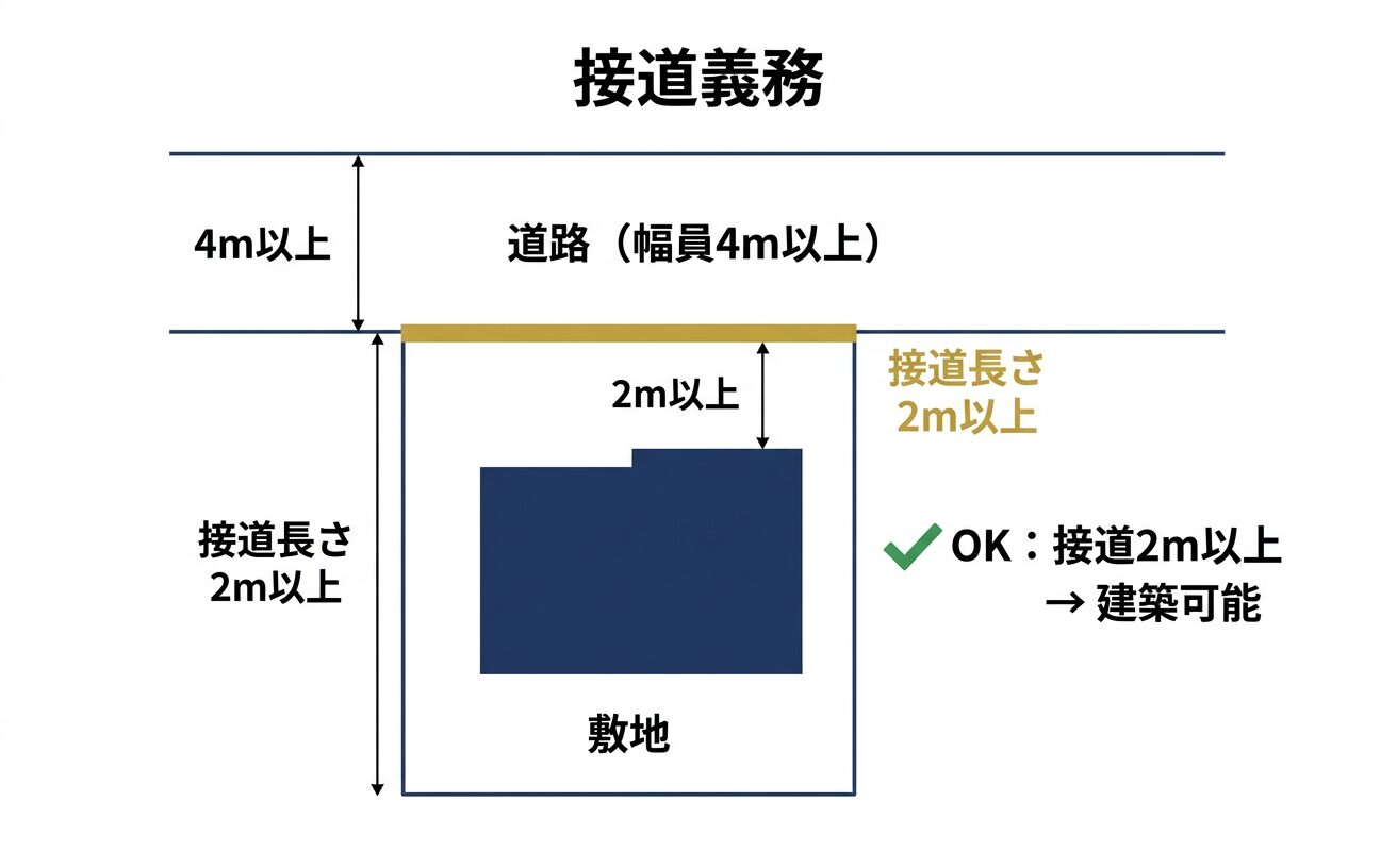 接道義務の基本図 — 道路幅員4m以上・接道長さ2m以上の要件