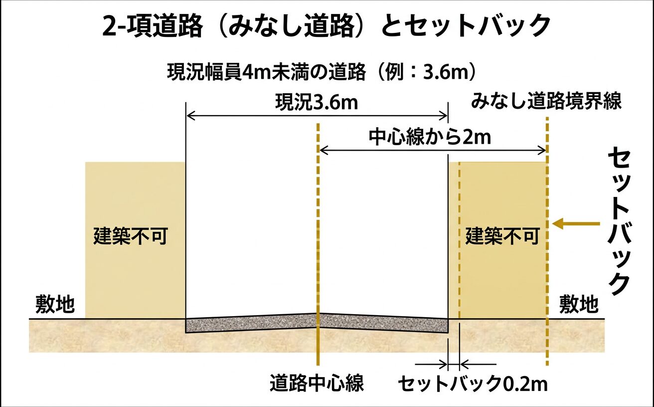 2項道路（みなし道路）とセットバックの断面図