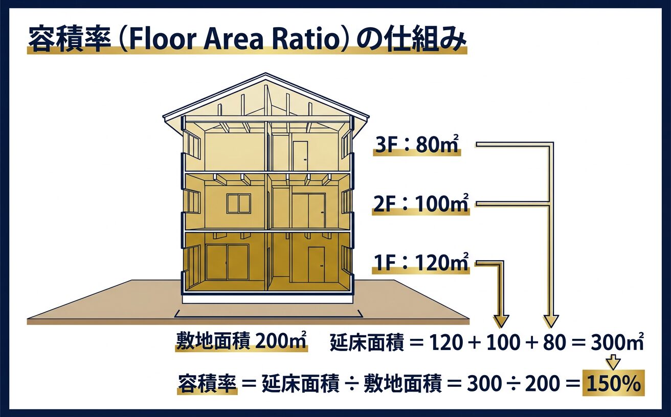 容積率の概念図 — 延床面積÷敷地面積の計算イメージ