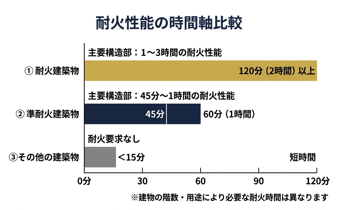 耐火建築物・準耐火建築物・その他の耐火性能を時間軸で比較