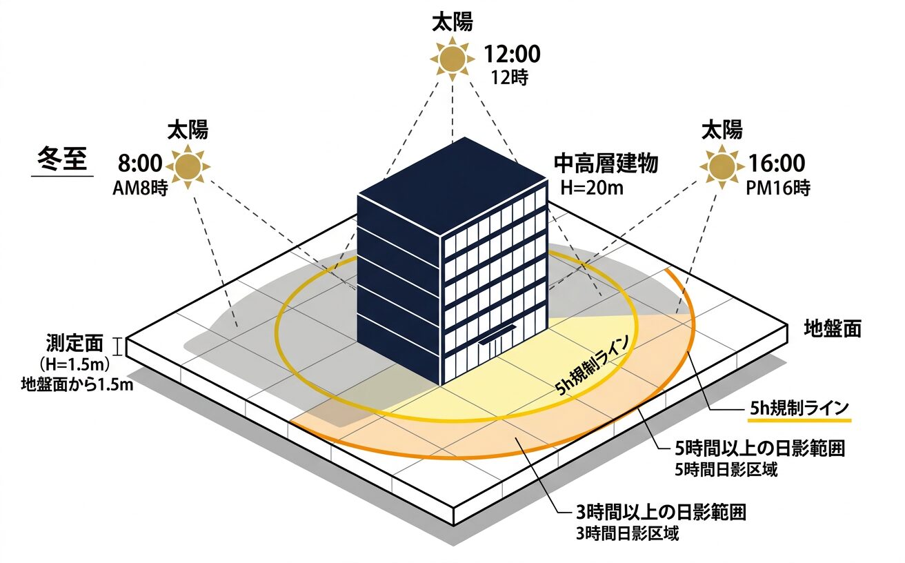日影規制の概念図 — 冬至の太陽位置と建物が落とす影の範囲