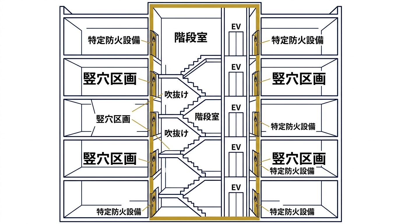 竪穴区画の断面図 — 階段室・EVシャフトを特定防火設備で区画