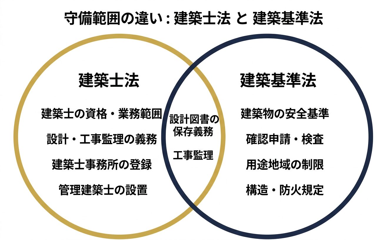 建築士法と建築基準法の守備範囲を示すベン図