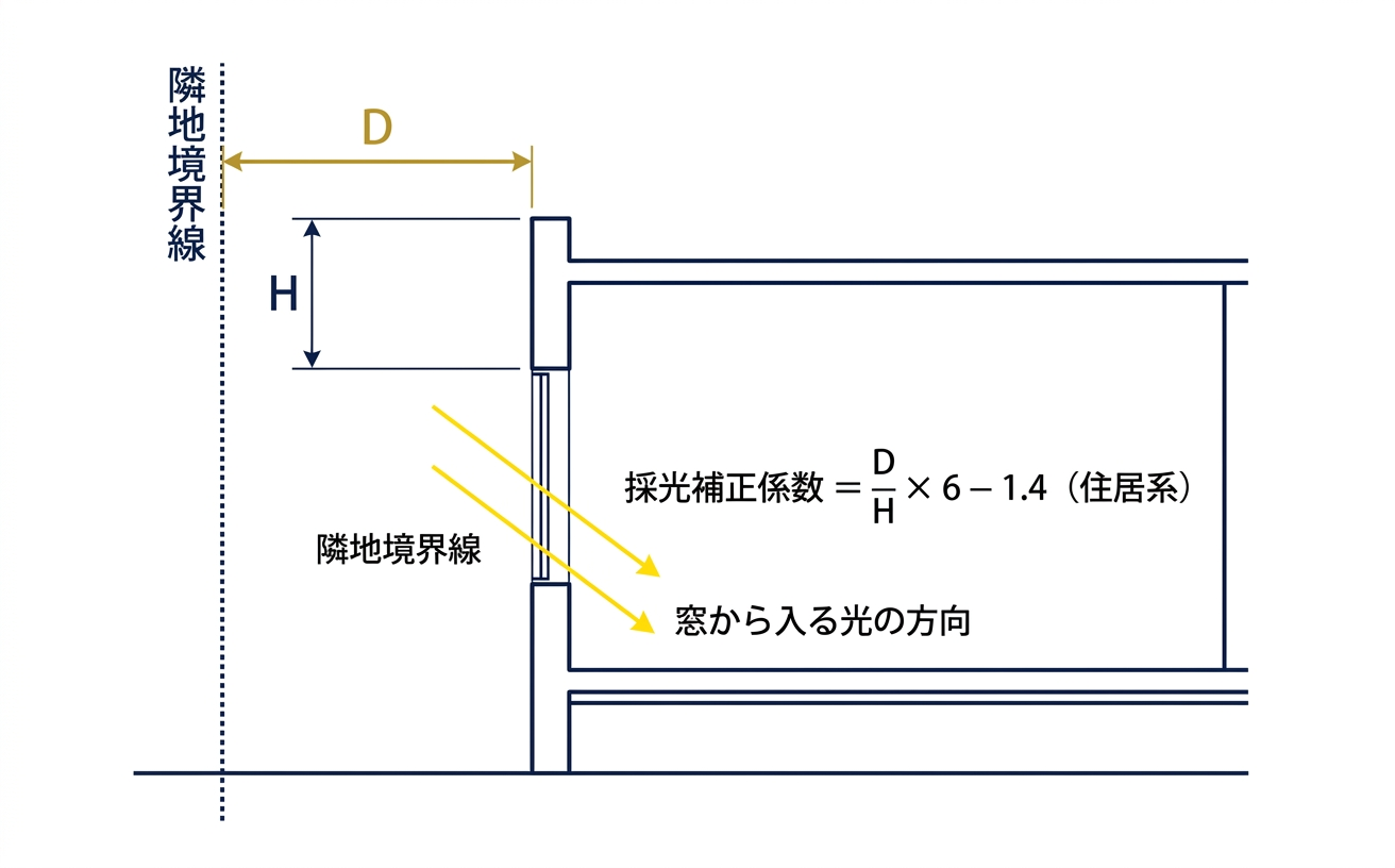 採光補正係数の計算に必要なDとHの関係を示す建物断面図