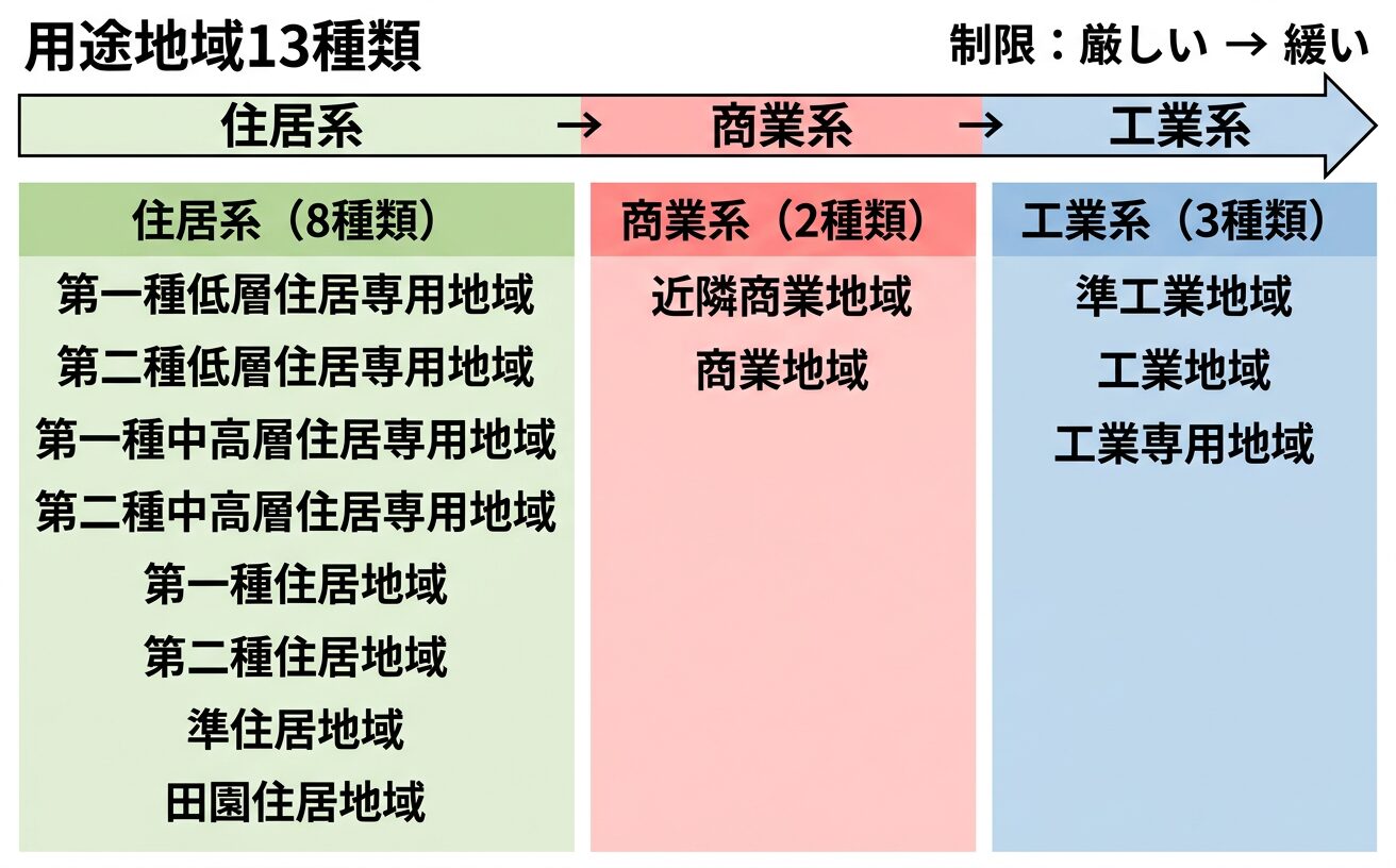 用途地域13種類の分類図 — 住居系8種・商業系2種・工業系3種を色分けで整理