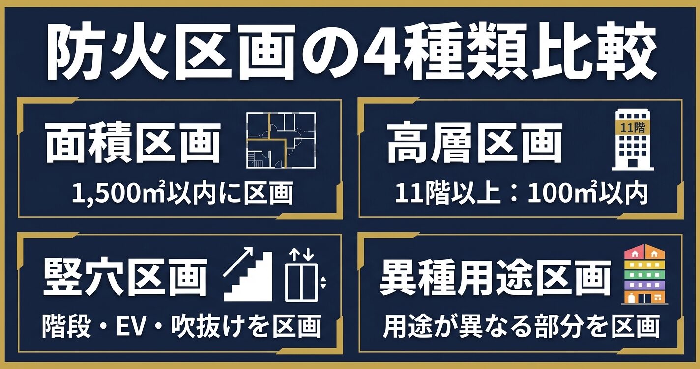 防火区画4種類の比較図 — 面積区画・高層区画・竪穴区画・異種用途区画