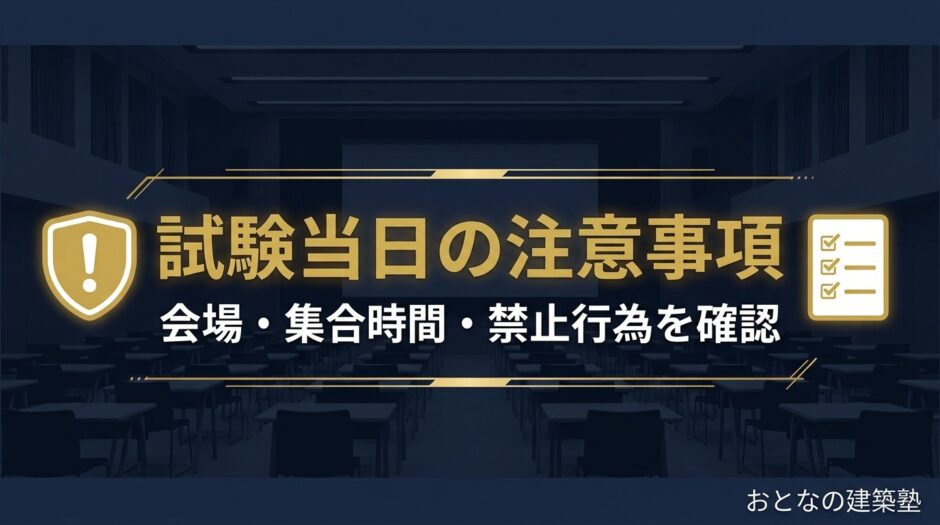一級建築士試験 当日の注意事項まとめ｜試験会場・集合時間・禁止行為を確認 アイキャッチ